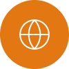 Orange circular icon with globe or international symbol