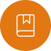 Orange circular icon with backpack or education symbol