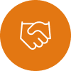 Orange circular icon with handshake symbol representing partnership