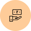 Icon of a hand holding a rectangular note with a rupee symbol inside a peach-colored circle.