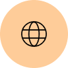 Orange circular icon with globe or worldwide symbol
