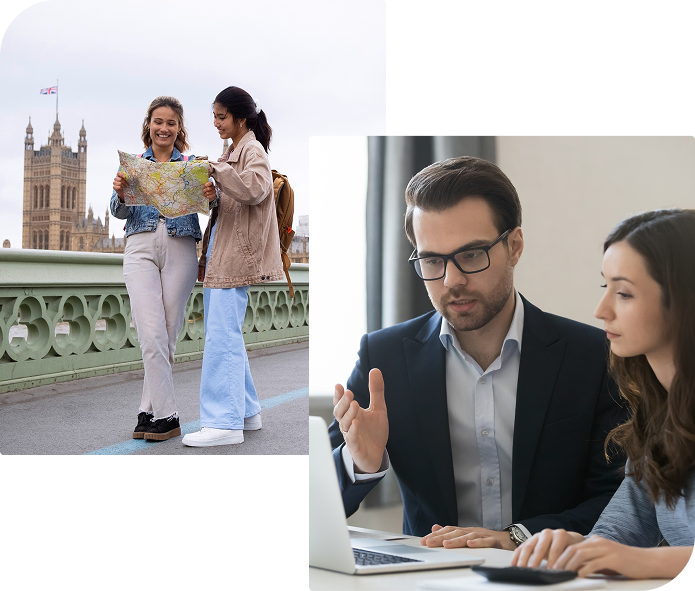 Professional man and woman standing together in business attire