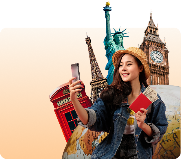 A young woman taking a selfie while holding a passport and cash, standing in front of illustrated world landmarks including the Eiffel Tower, Statue of Liberty, Big Ben, and a red telephone booth, suggesting international travel.