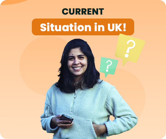 Smiling woman holding a phone with text “Current Situation in UK!”