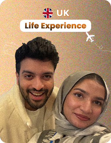 Smiling man and woman with text “UK Life Experience.