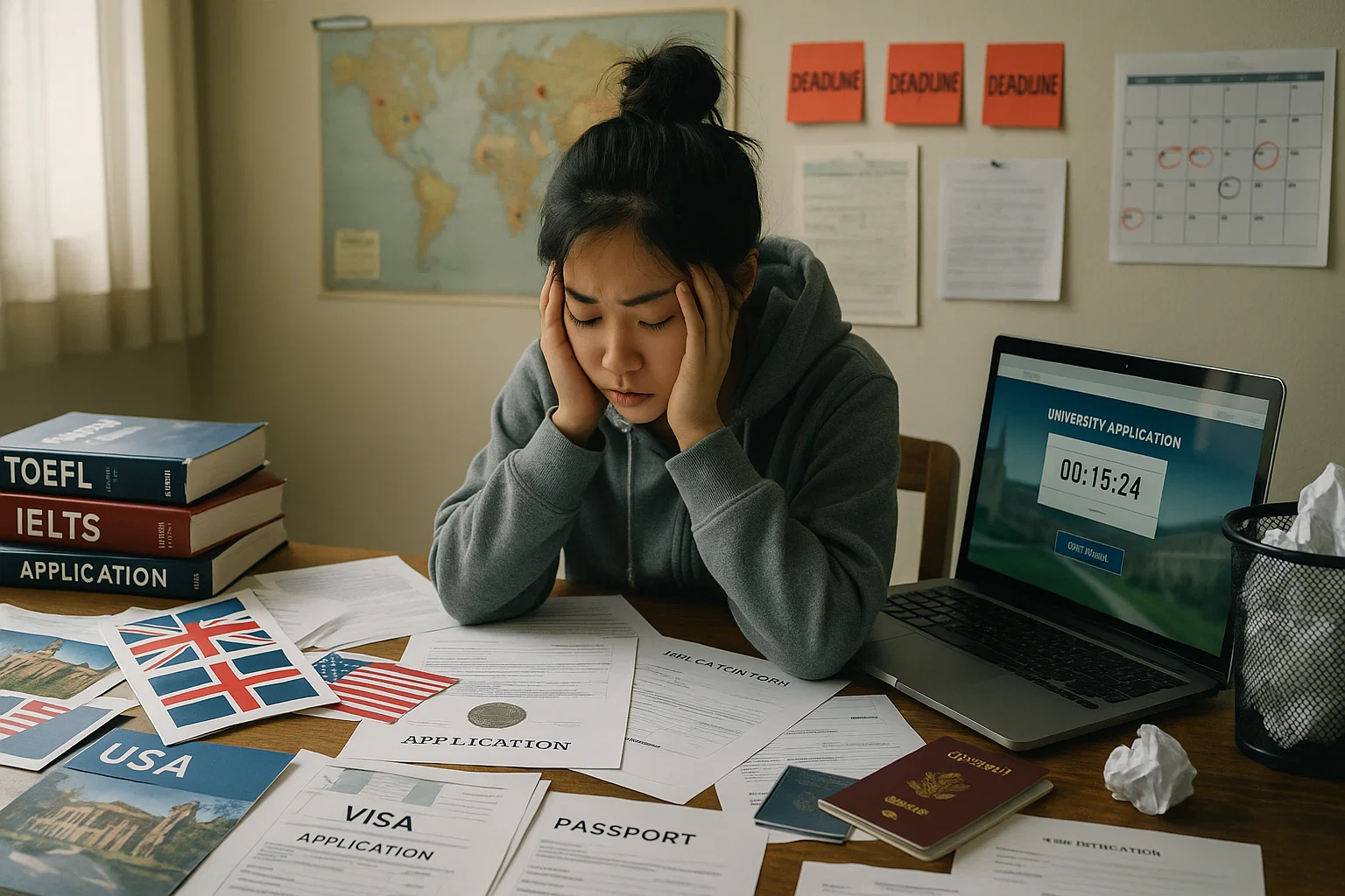 Young woman in casual clothing sitting and thinking or studying
