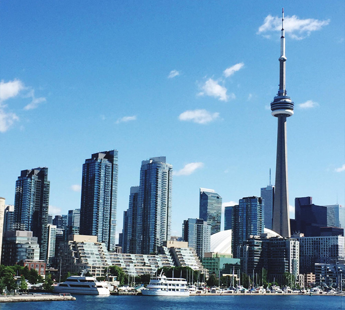 Modern city skyline with tall glass skyscrapers