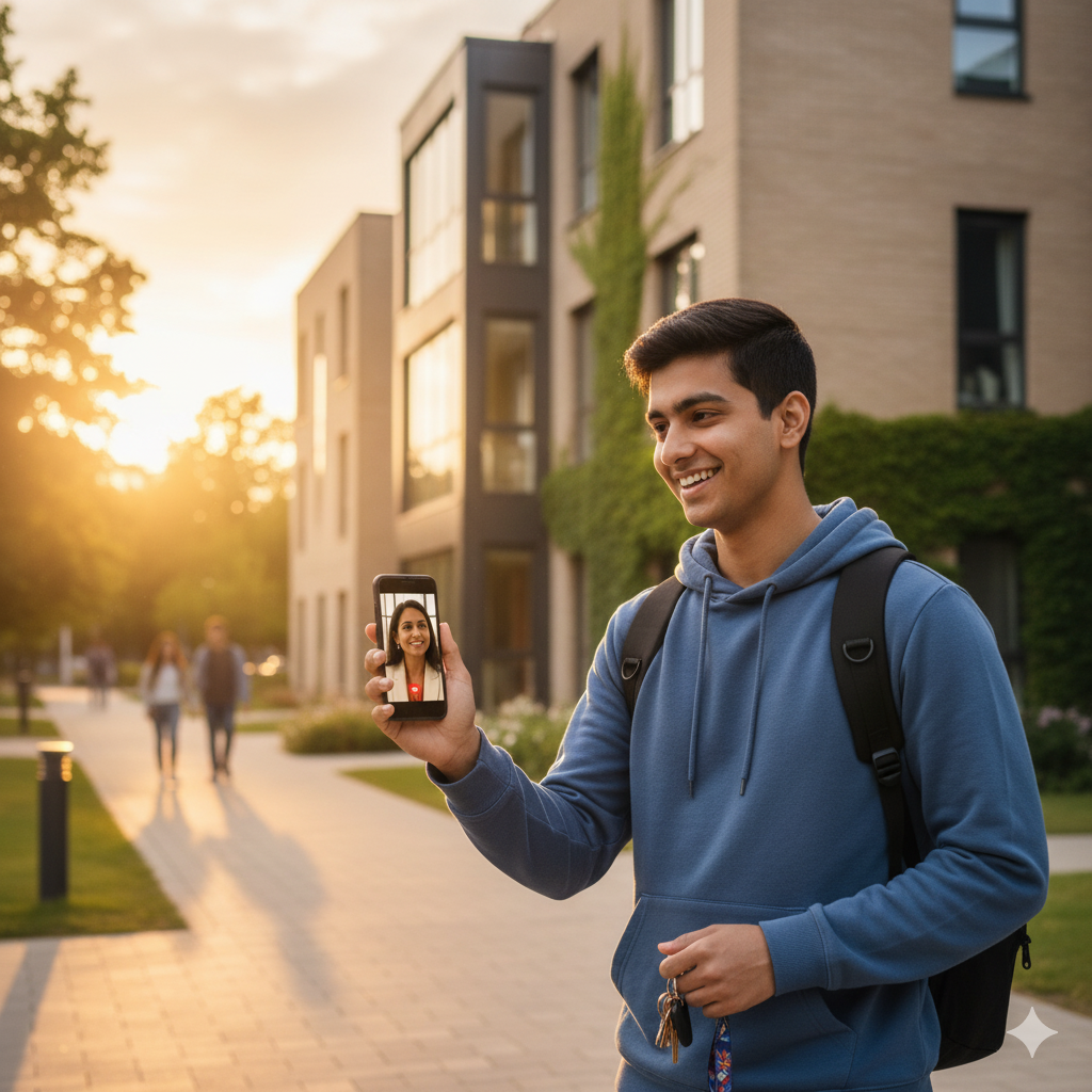 Young man in casual wear standing outdoors with backpack, smiling at camera