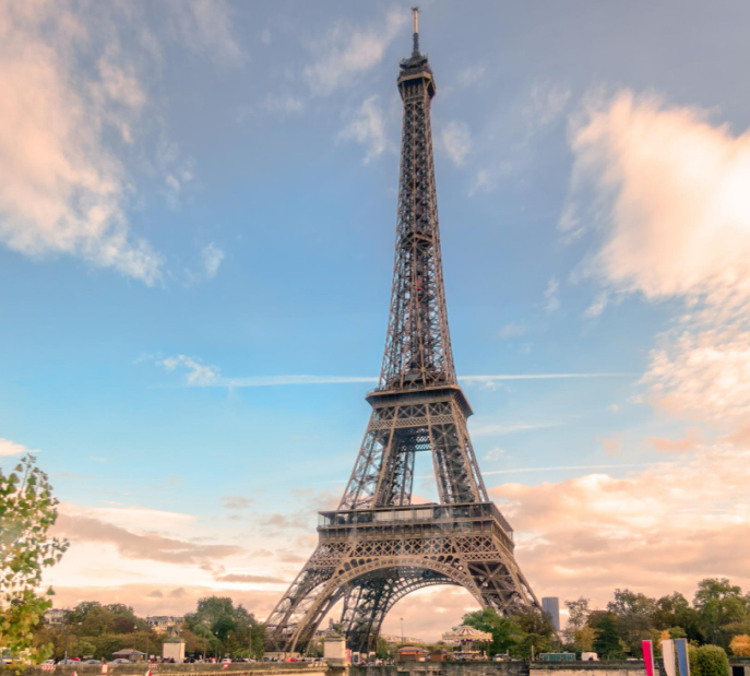 Eiffel Tower in Paris photographed from below against cloudy sky