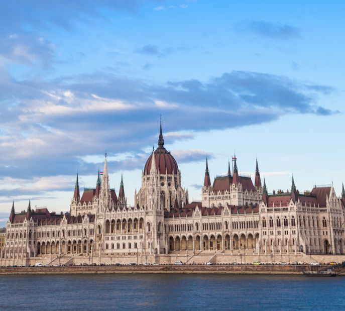 Hungarian Parliament Building in Budapest with gardens in foreground