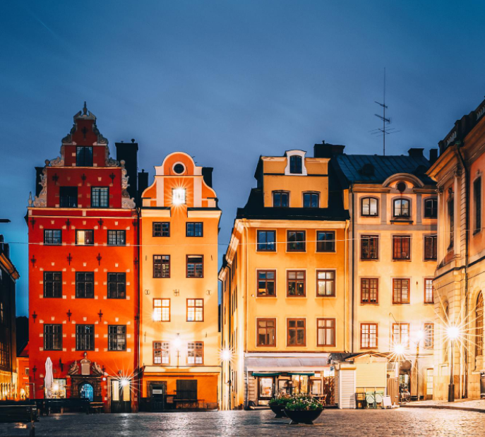 Colorful historic buildings along waterfront in Stockholm, Sweden