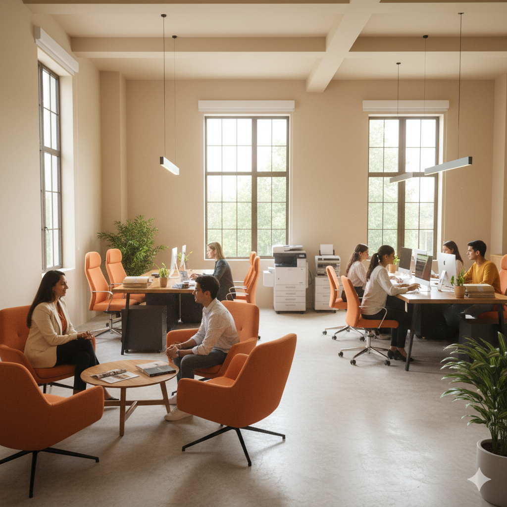 Group of diverse students studying together at a table in a bright classroom