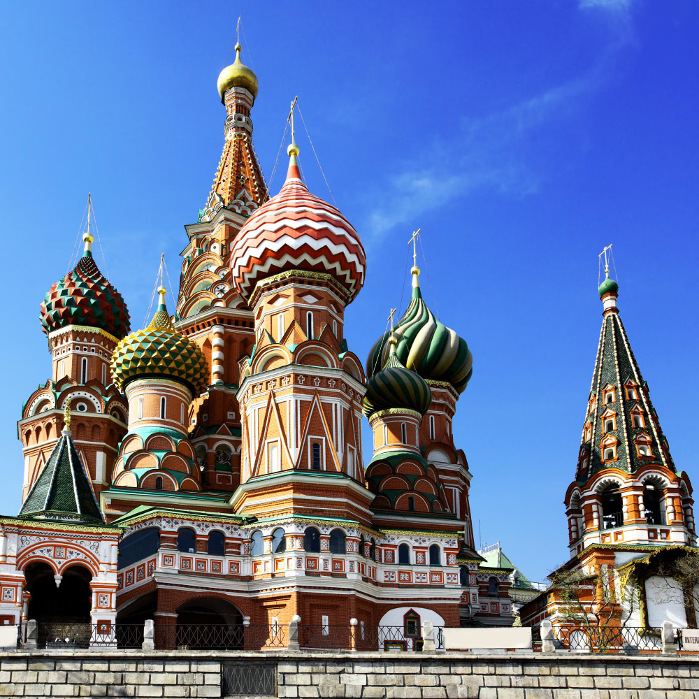 Saint Basil's Cathedral in Red Square with tourists in foreground