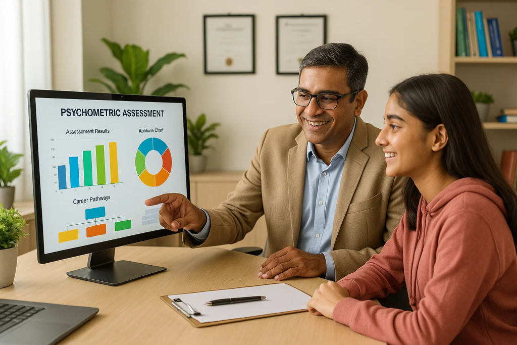 A career counsellor shows a student her psychometric assessment results on a computer screen.
