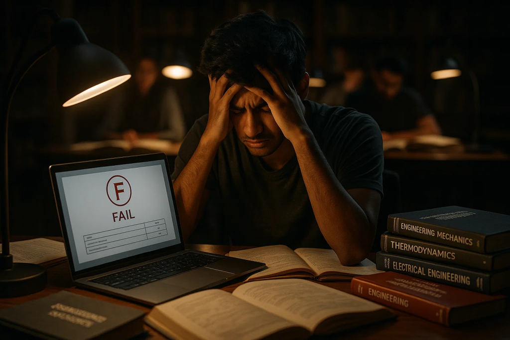 A stressed student sits at a desk with his head in his hands, surrounded by engineering books, while a laptop shows a failing grade on the screen.