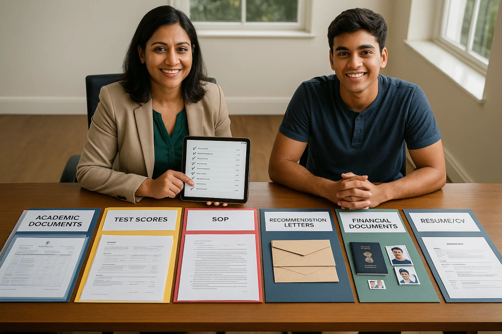 Organized study abroad application documents including transcripts test scores SOP recommendation letters passport and financial statements with counsellor