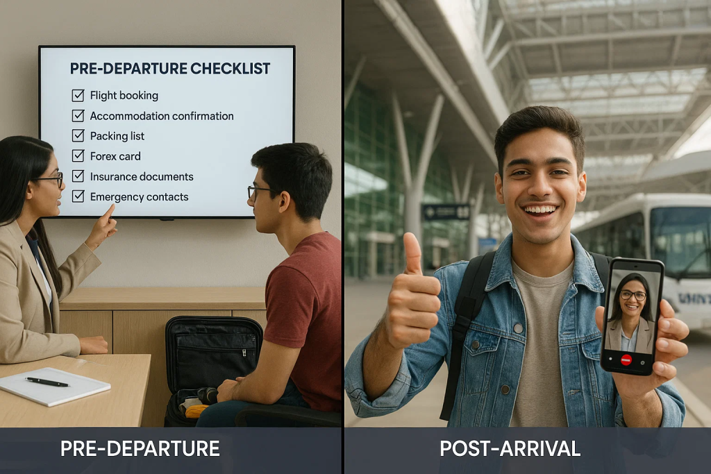 Education abroad counsellor providing pre-departure checklist to student in India and post-arrival support via video call at international airport