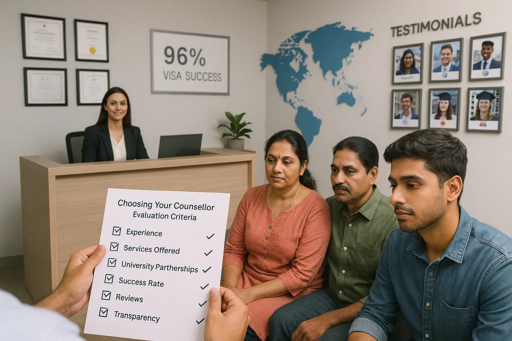 Student and parents evaluating education abroad counsellor credentials certifications success rates and university partnerships using checklist