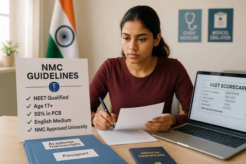 Indian student reviewing NMC guidelines and NEET eligibility requirements for MBBS abroad with checklist and official documents