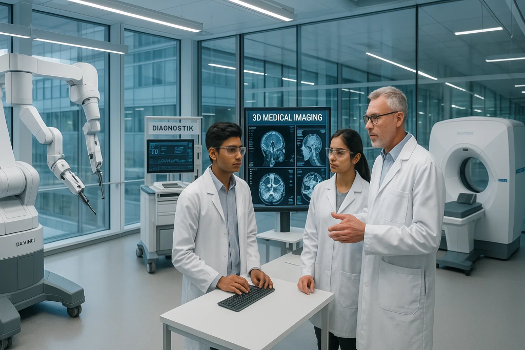 Indian medical students working with advanced medical technology and German professor in cutting-edge university laboratory