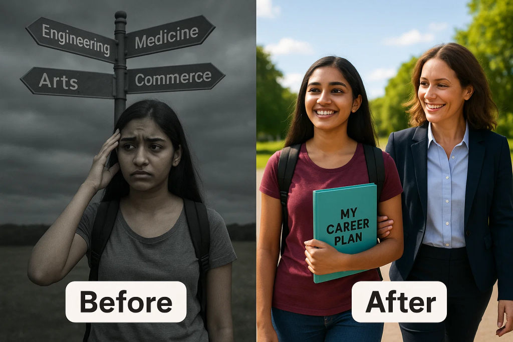 Split image showing a confused student standing under course direction signs before, and a confident student holding a career plan folder with a counsellor after.