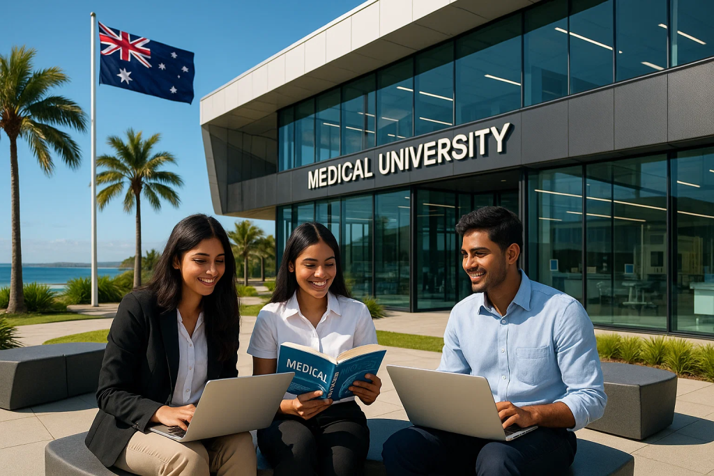 Indian medical students studying outdoors at modern Australian medical university campus with coastal views and sunshine