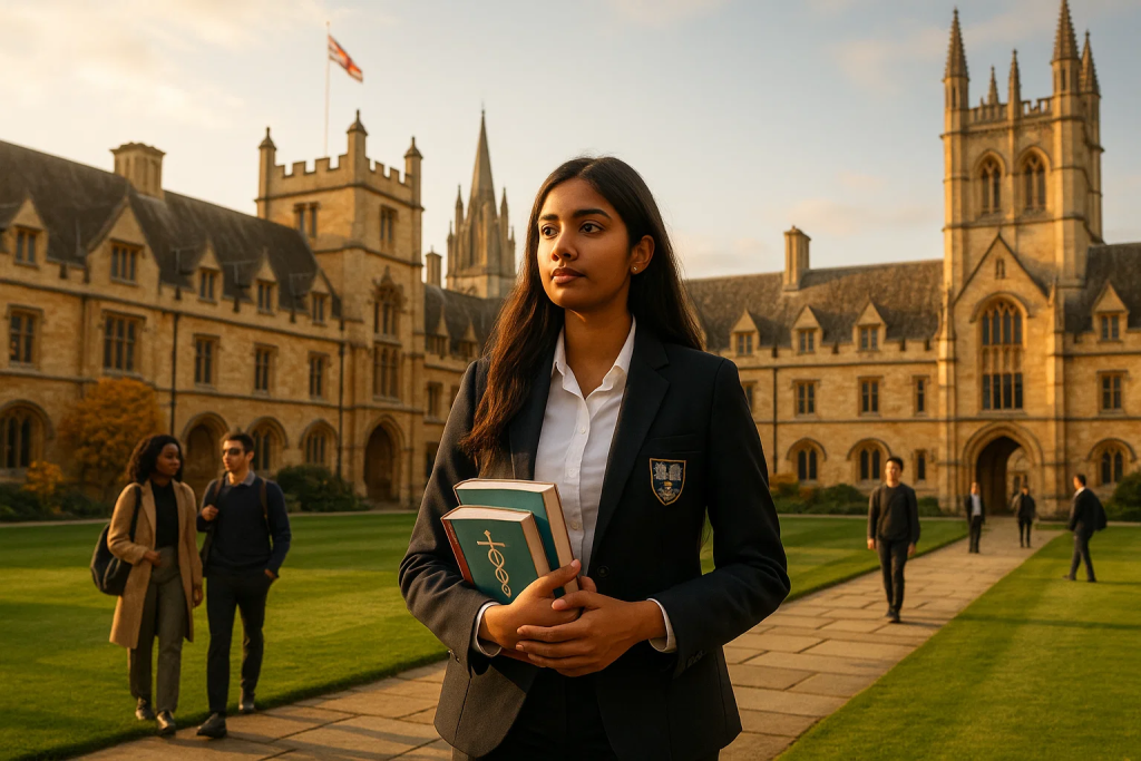 Indian medical student walking through historic Oxford Cambridge style medical school courtyard representing prestigious UK medical education