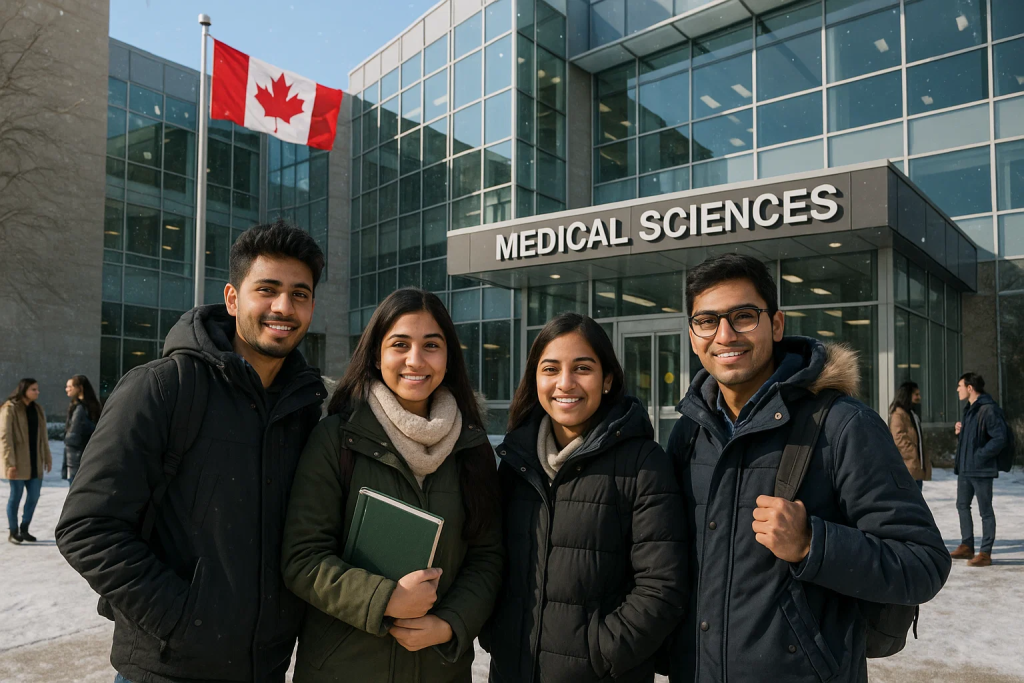 Indian medical students in winter clothing outside modern Canadian medical university representing world-class healthcare education