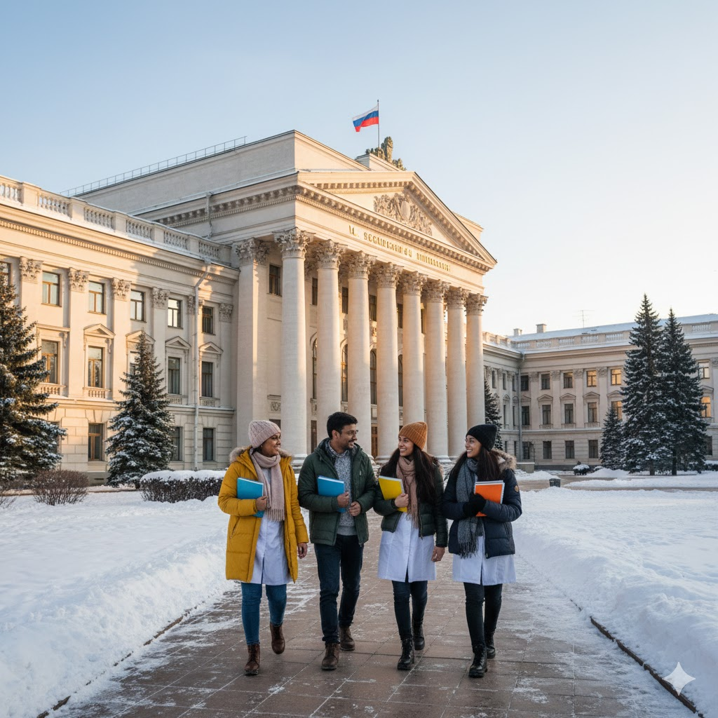 Indian medical students walking outside historic Russian medical university building in winter representing MBBS education in Russia