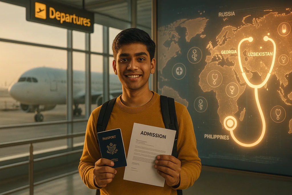 Indian student at an airport gate holding a passport and admission letter, with an airplane outside and holographic medical symbols showing global MBBS destinations.