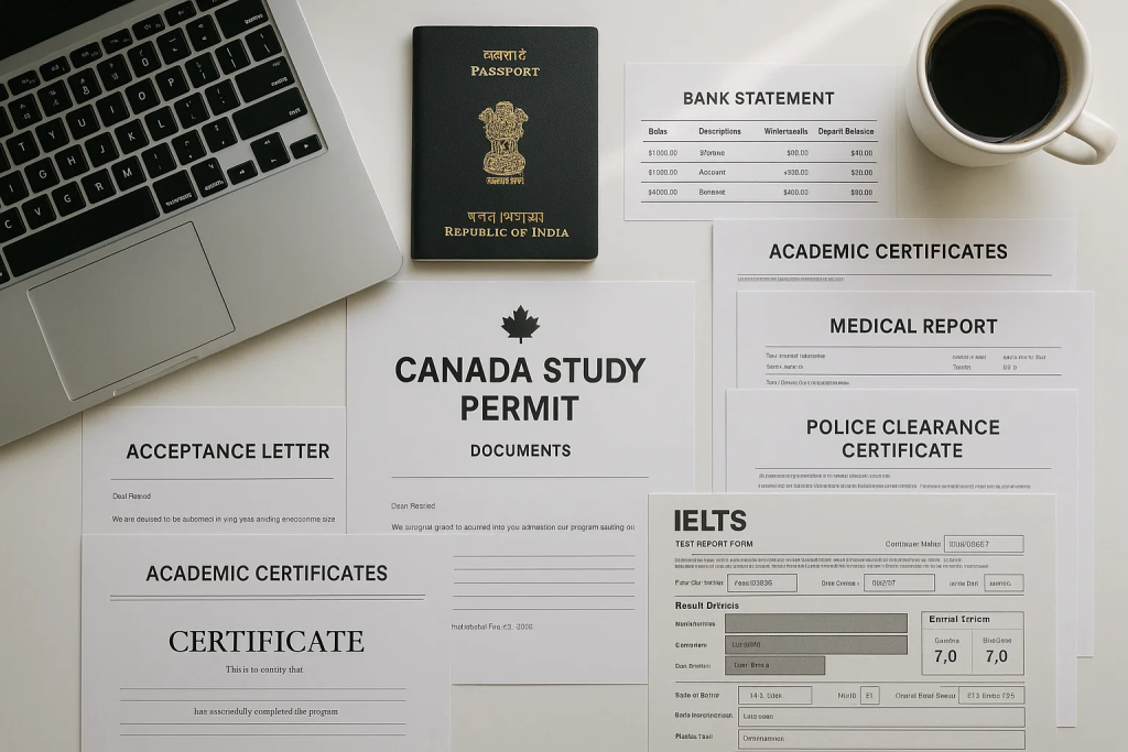 Canada study permit documents arranged on a desk, including passport, acceptance letter, bank statement, medical report, police clearance, IELTS score, and a laptop.