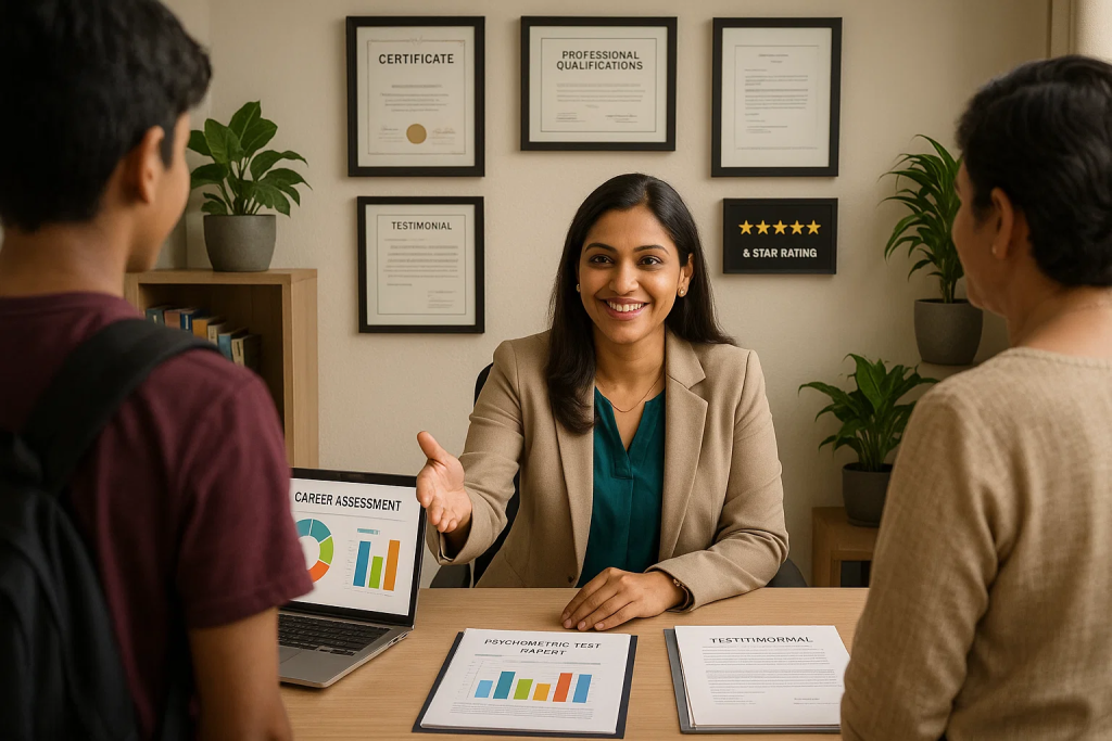 A career counsellor greets a student and parent while showing career assessment reports on her desk.