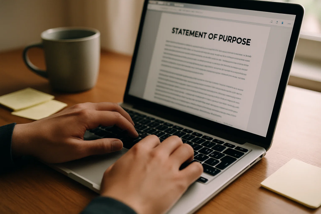 Hands typing a Statement of Purpose document on a laptop, with a coffee mug and sticky notes on the desk.