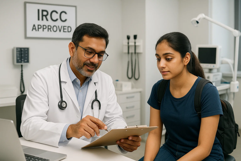 Doctor in an IRCC-approved medical clinic explaining test details to a student during her immigration medical exam.