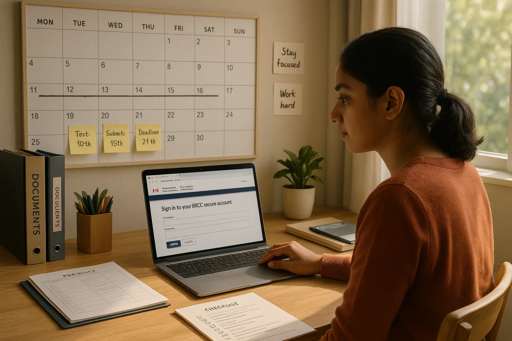 A woman sits at a desk working on a laptop in a neatly organized study space with a large wall calendar and notes in the background.