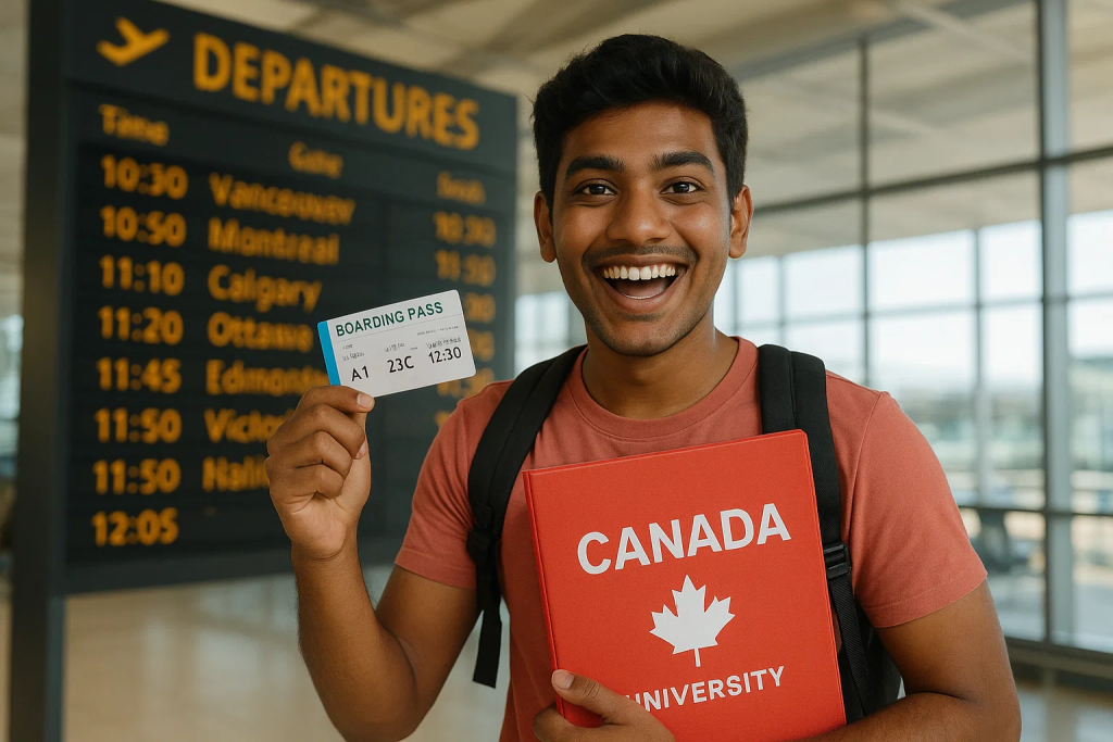 A smiling young man at an airport holds up a boarding pass and a red folder labeled “Canada University,” standing in front of a departures board.