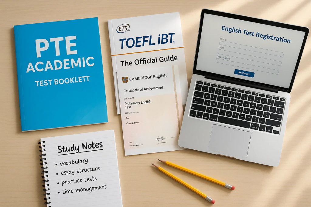 Study materials for English proficiency tests, including PTE and TOEFL books, a Cambridge certificate, a laptop showing a test registration page, study notes, and pencils on a desk.