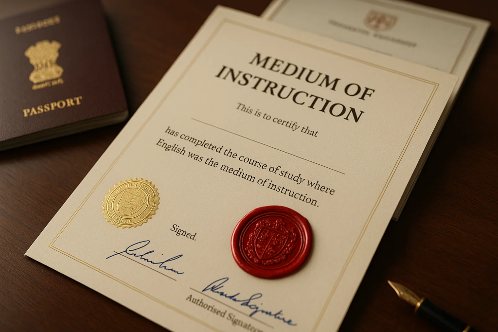 Medium of Instruction certificate with official university seal for UK nursing admission without IELTS