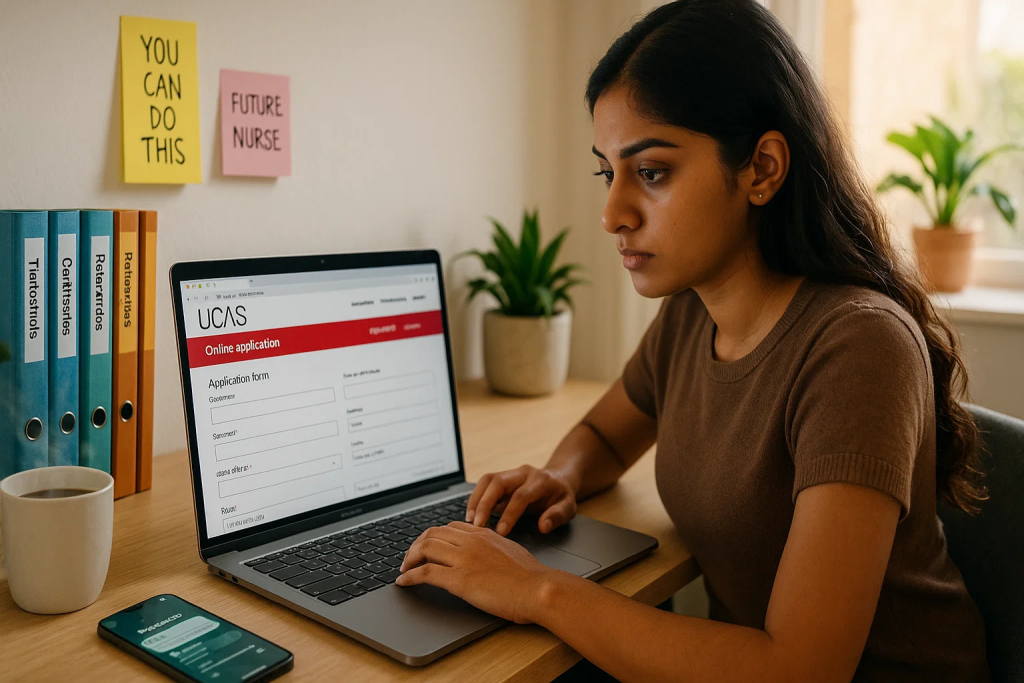 International student completing UCAS nursing application online for UK university without IELTS