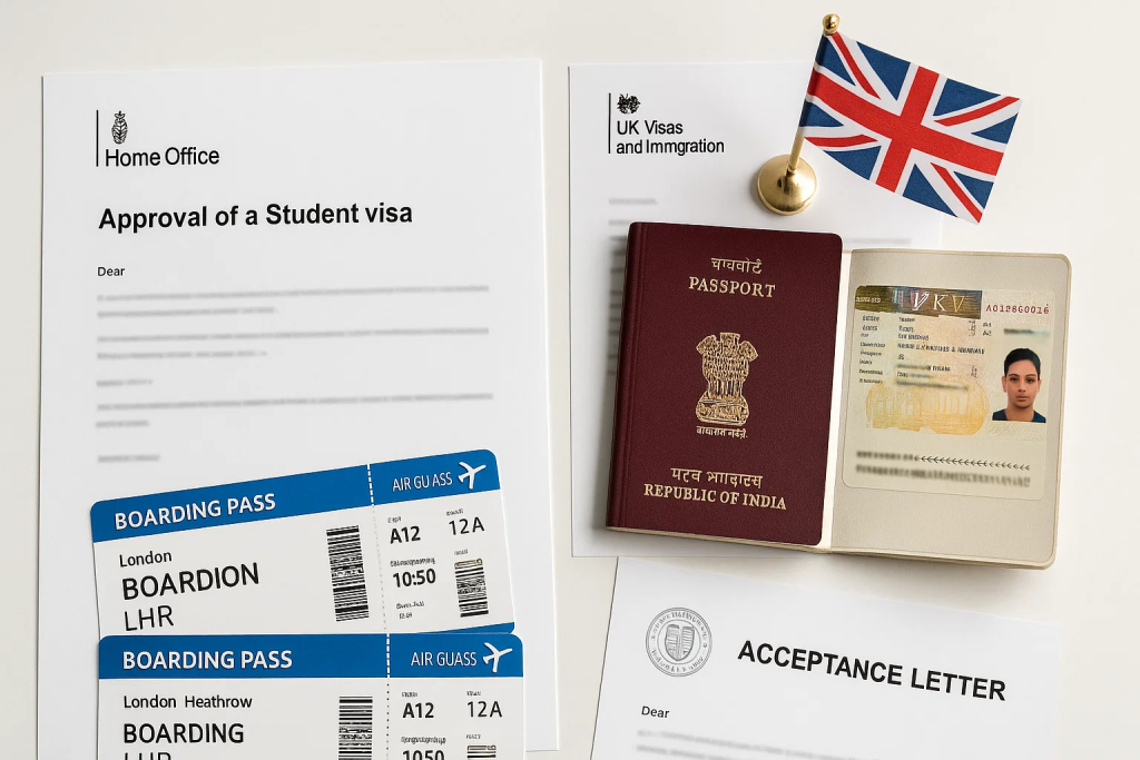 UK student visa approval letter and passport for nursing program admission without IELTS requirement