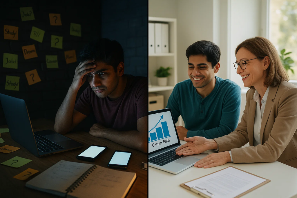 Split image showing a stressed student struggling alone at night and the same student happily discussing a clear career path with a counsellor.