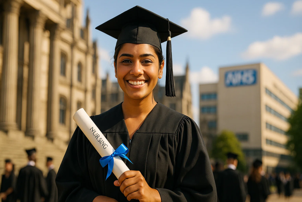 International nursing graduate celebrating UK university degree completion after studying without IELTS