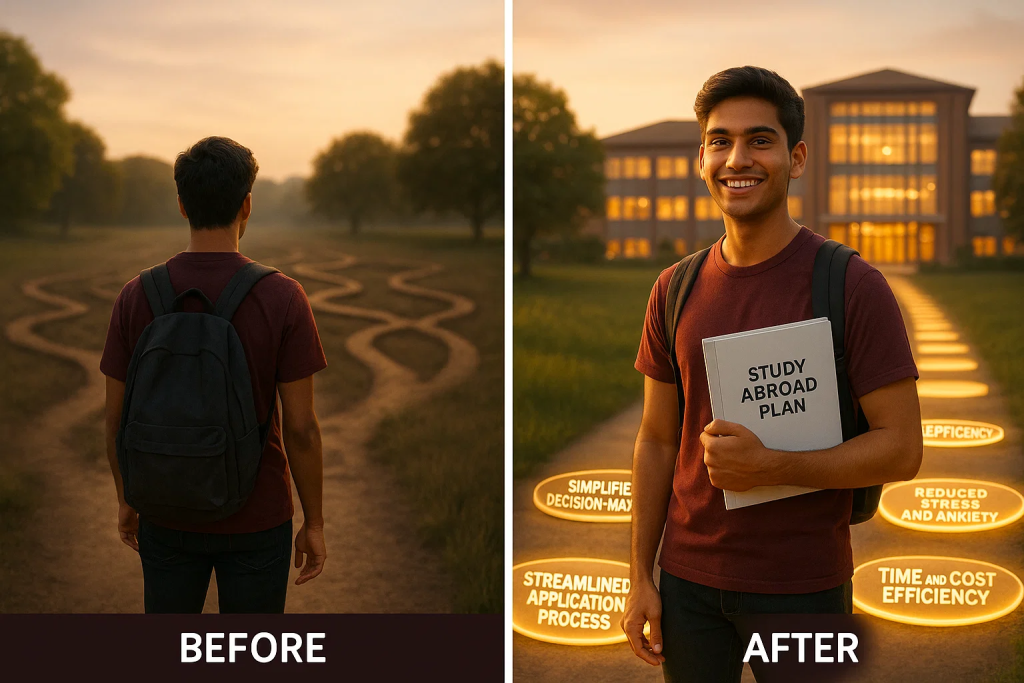 Student confidently walking clear pathway to study abroad success with education counselling guidance versus confusing maze without help