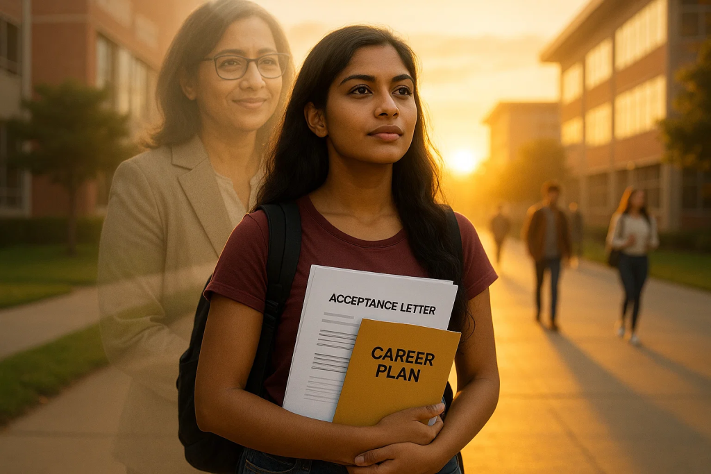 A young woman holding an acceptance letter and career plan folder walks on a campus at sunset, with a supportive older woman faintly visible behind her.