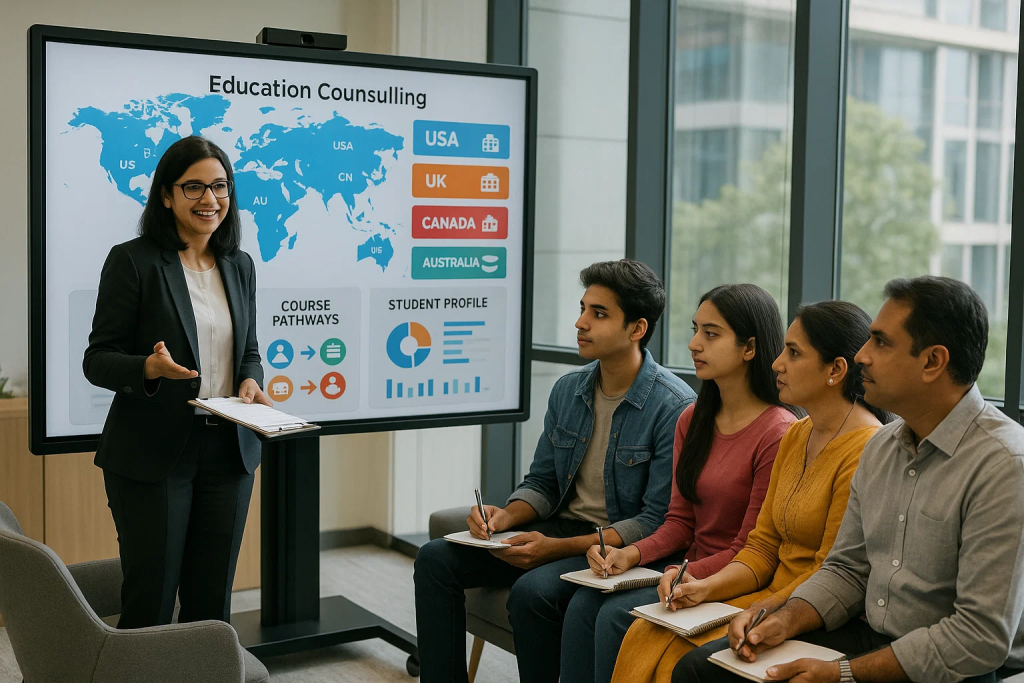 Alt Text: Professional education abroad counselling session showing counsellor explaining study destinations USA UK Canada Australia to Indian students and parents