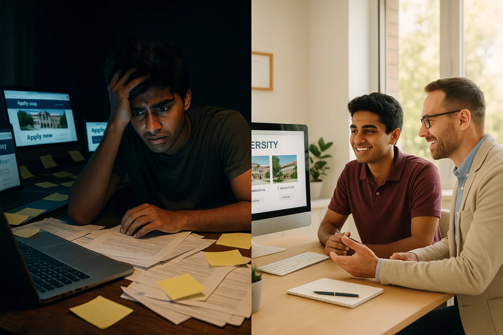 Comparison of stressed student researching universities alone versus relaxed student with education abroad counsellor getting expert guidance