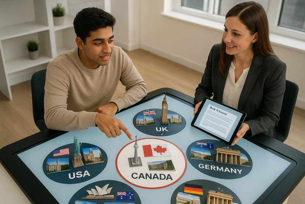 Education counsellor helping student choose study destination among USA UK Canada Australia Germany with country information and university options