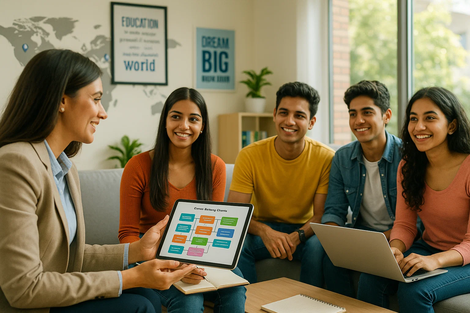 Students meeting with a career counsellor who is showing course options on a tablet in a bright office.