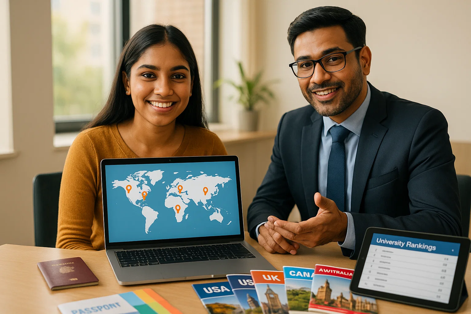 Indian student receiving education abroad counselling from professional counsellor with world map and university brochures on desk
