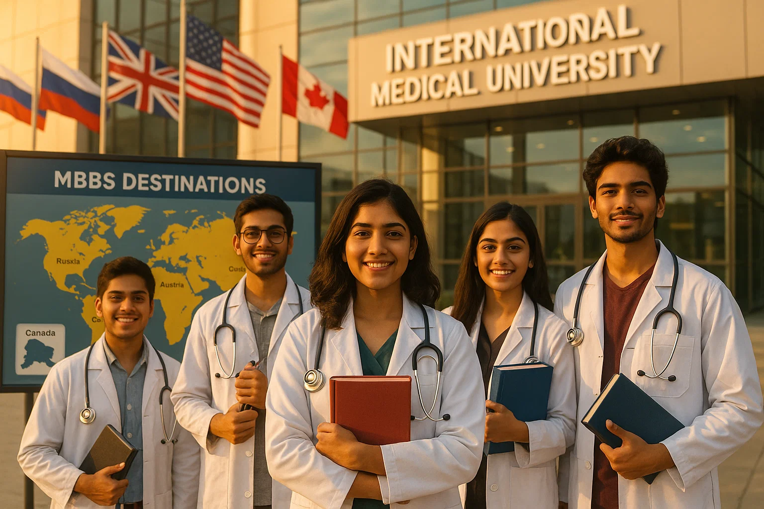 Indian medical students in white coats standing before international medical university representing best countries to study MBBS abroad